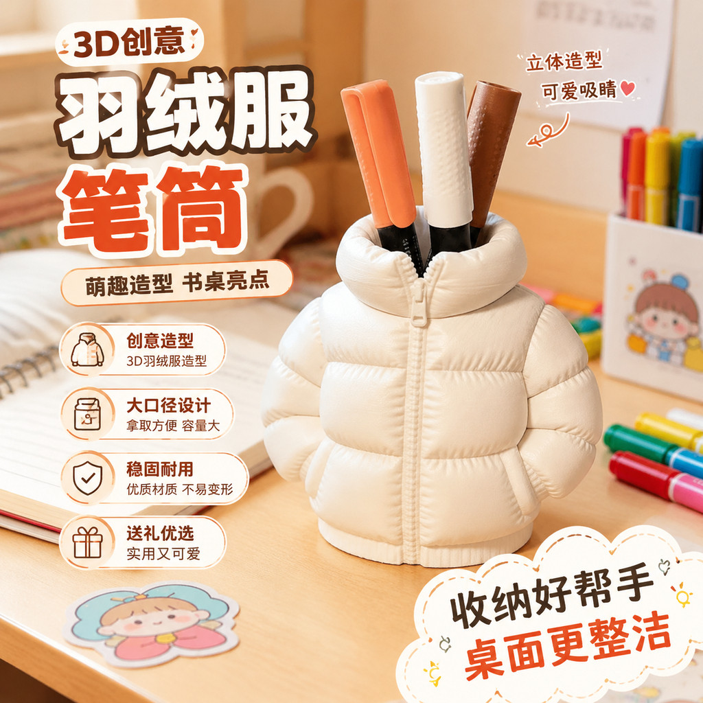 创意设计可爱卡通笔筒收纳盒桌面装饰品办公室创意摆件新奇羽绒服