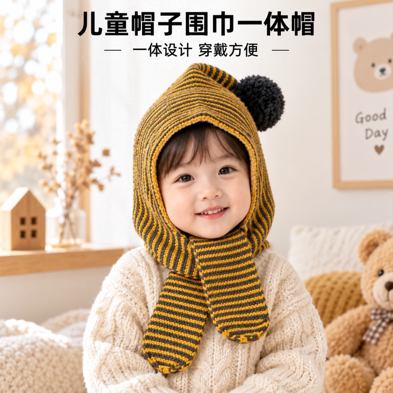 秋冬男女童护耳围巾一体针织帽