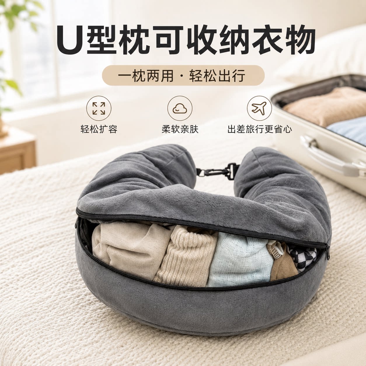旅行便携U型枕可塞衣物充气