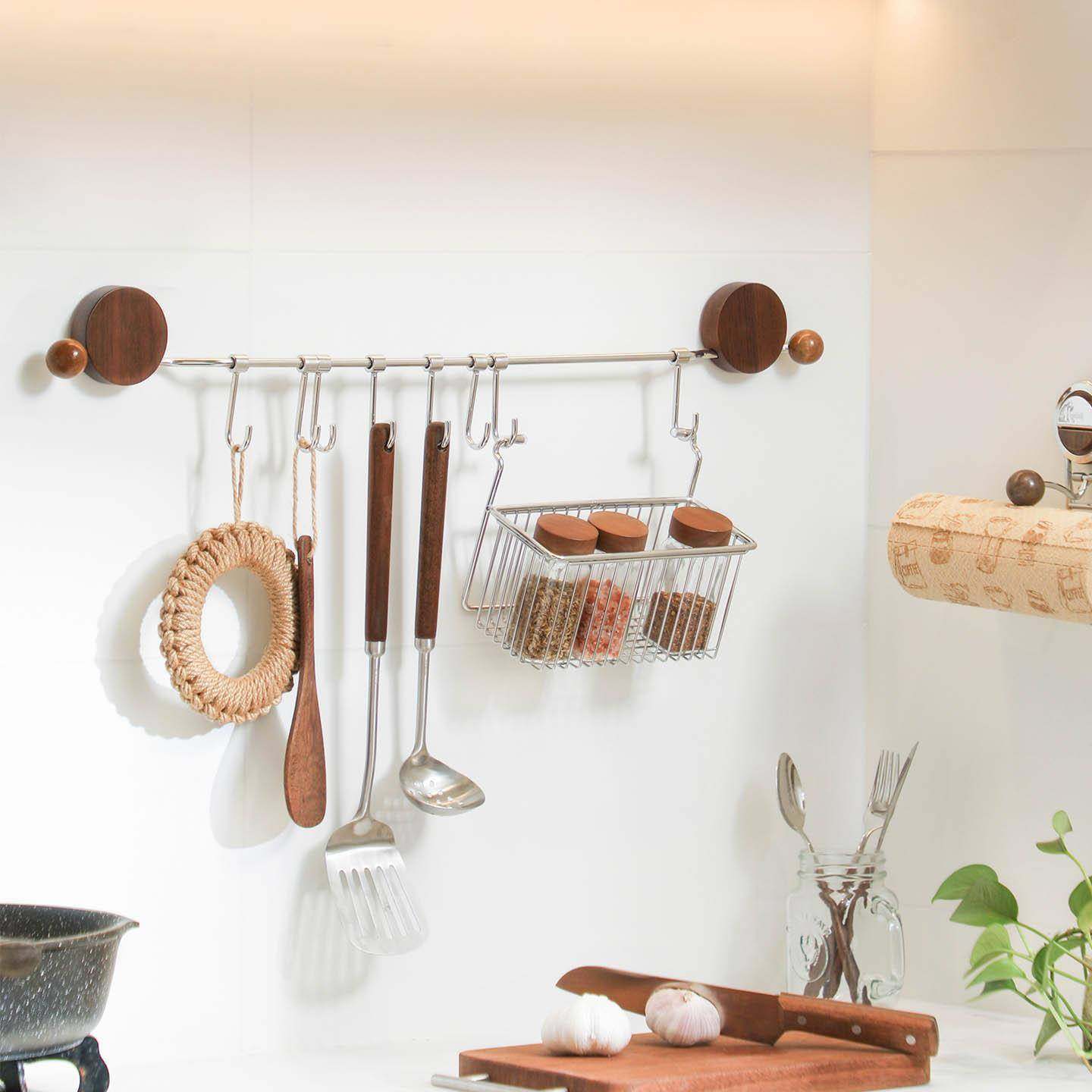 胡桃木吸盘挂钩厨房免打孔挂杆置物架锅铲勺子专用多功能一排挂架,收纳整理,挂钩/粘钩,淘宝优惠券,粉丝福利购,淘宝优惠卷