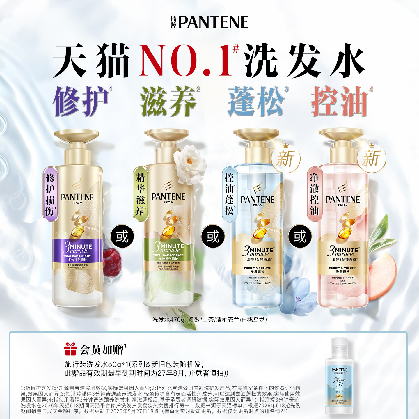 潘婷三分钟奇迹洗发水洗发露女蓬松清爽控油白桃夏日苍兰官方正品