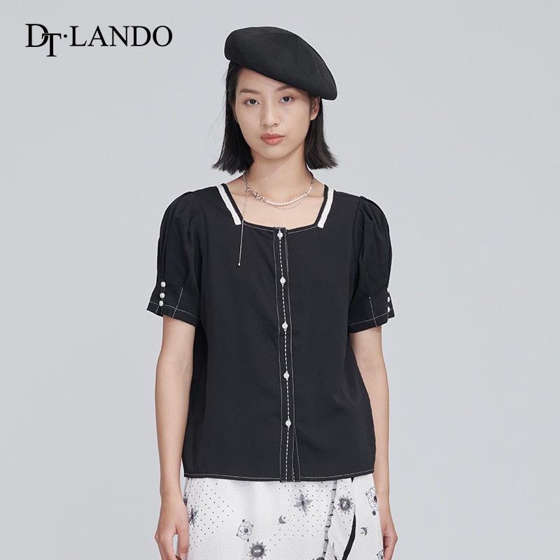 DTLANDO黑色短袖罩衫t恤女夏衬衫女设计感小众时尚洋气高级感上衣