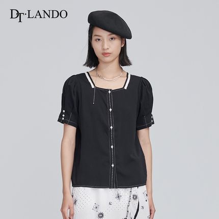 DTLANDO黑色短袖罩衫t恤女夏衬衫女设计感小众时尚洋气高级感上衣
