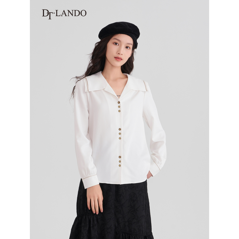 DTLANDO衬衫女春季新款学院风海军领设计感长袖白色衬衣上衣