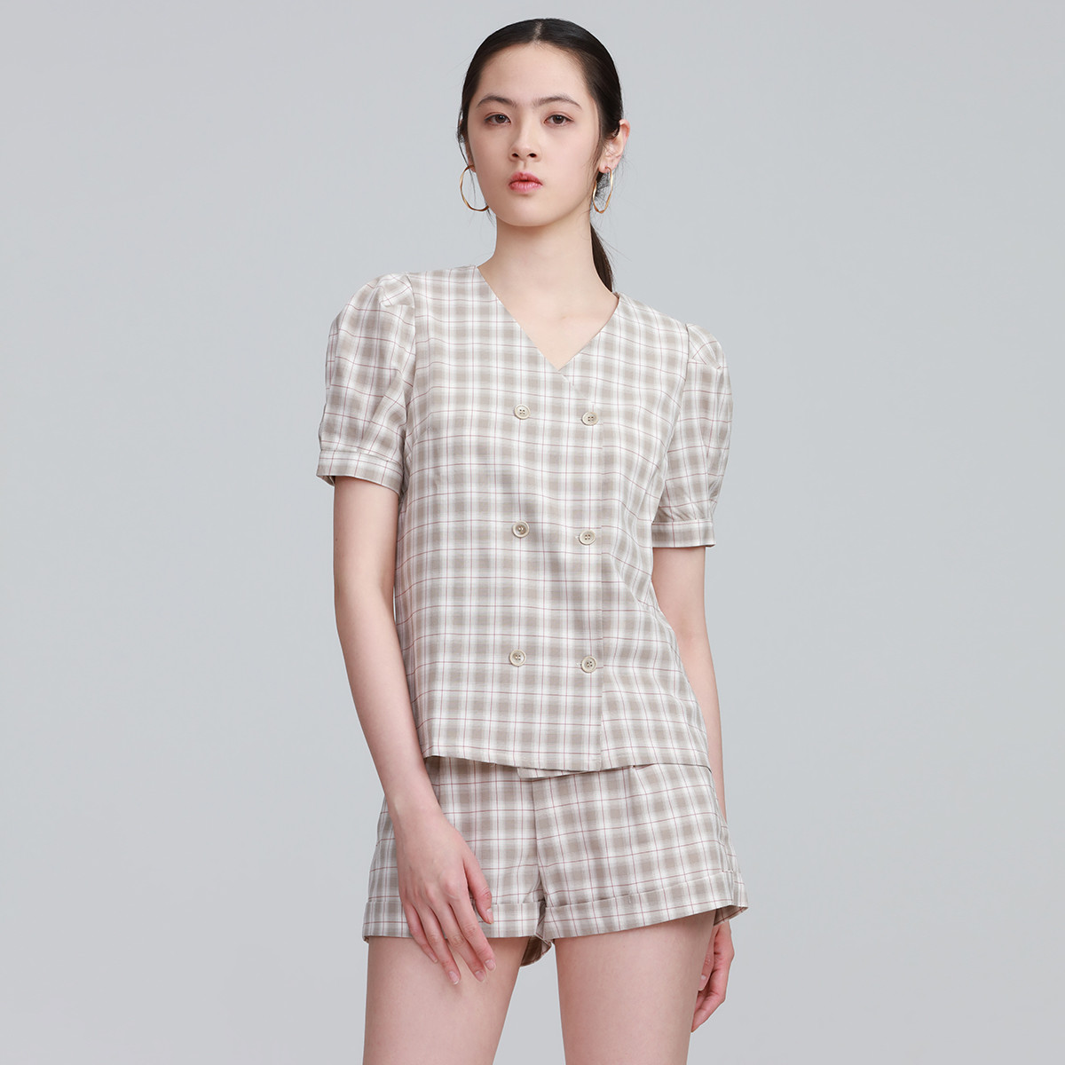 DTLANDO两件套休闲显瘦简约职业女夏季v领时尚短袖格纹套装