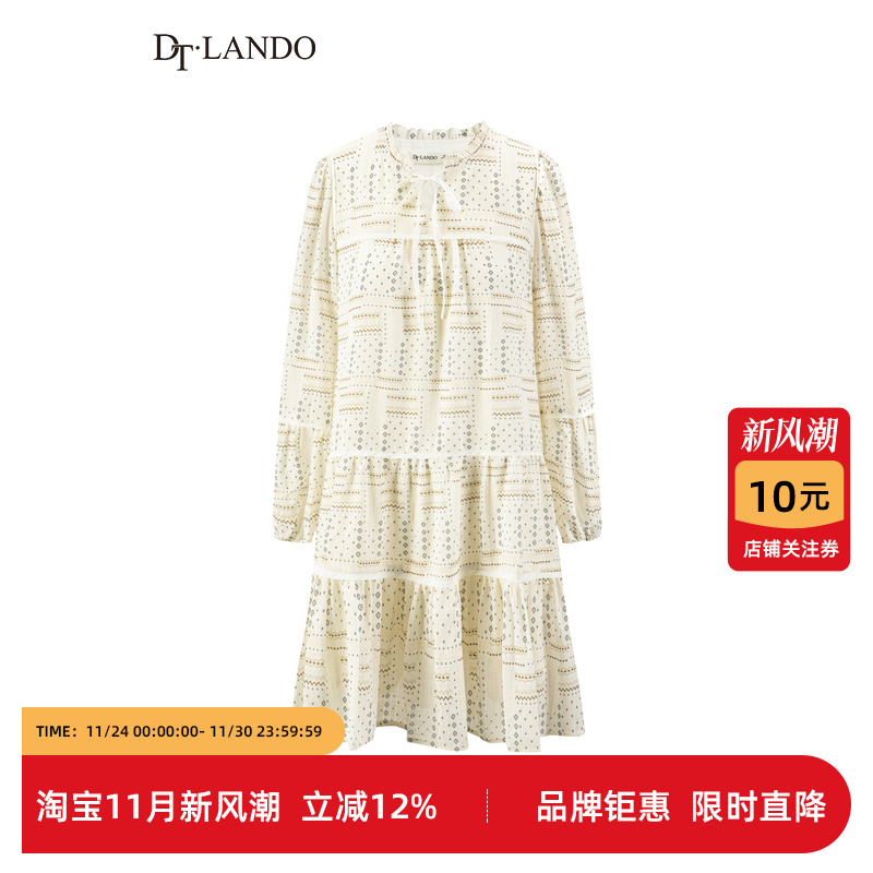 DTLANDO春秋季女装复古飘带设计感微弹宽松显瘦小灯笼长袖连衣裙