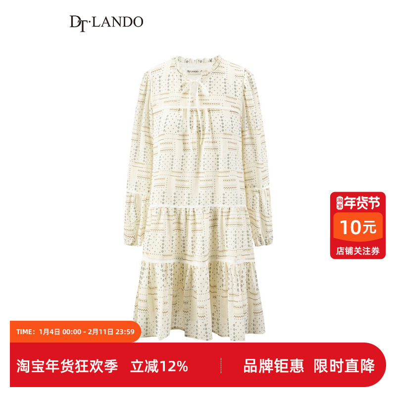 DTLANDO春秋季女装复古飘带设计感微弹宽松显瘦小灯笼长袖连衣裙