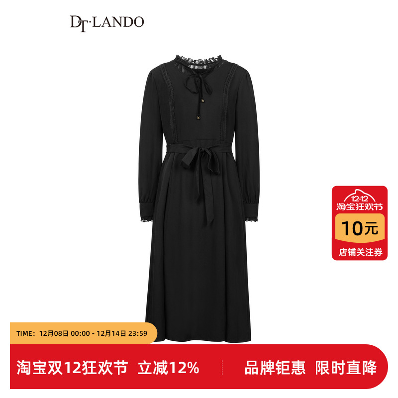DTLANDO冬季女装淑女风黑色系带收腰显瘦木耳边长袖中长款连衣裙