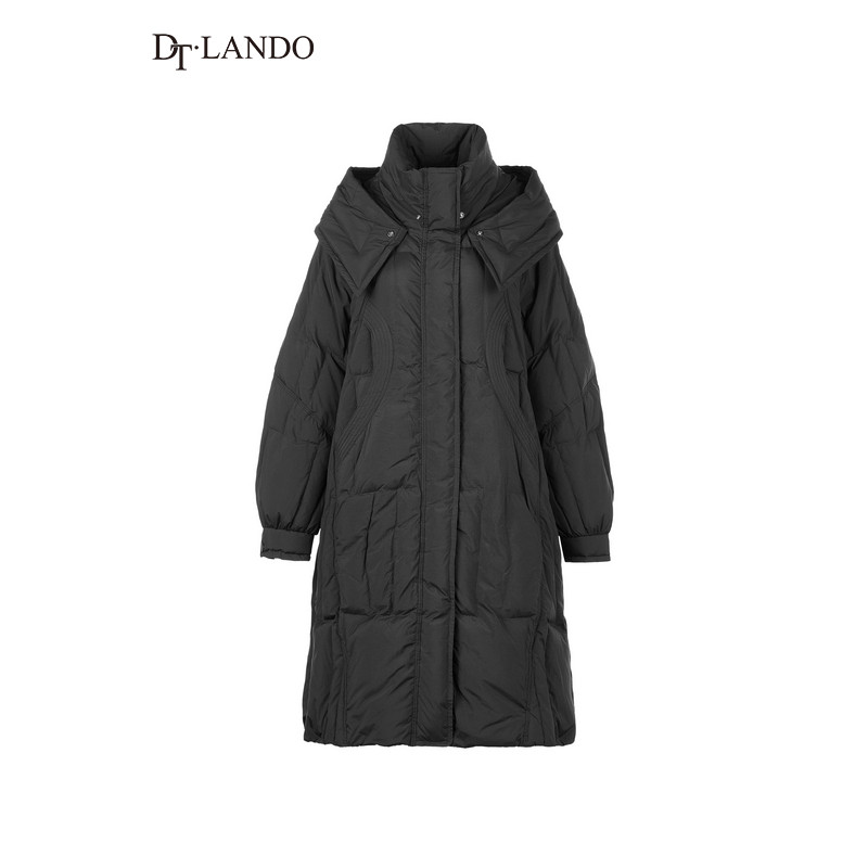 DTLANDO冬季女装时尚保暖气质黑色长款休闲百搭连帽羽绒服外套