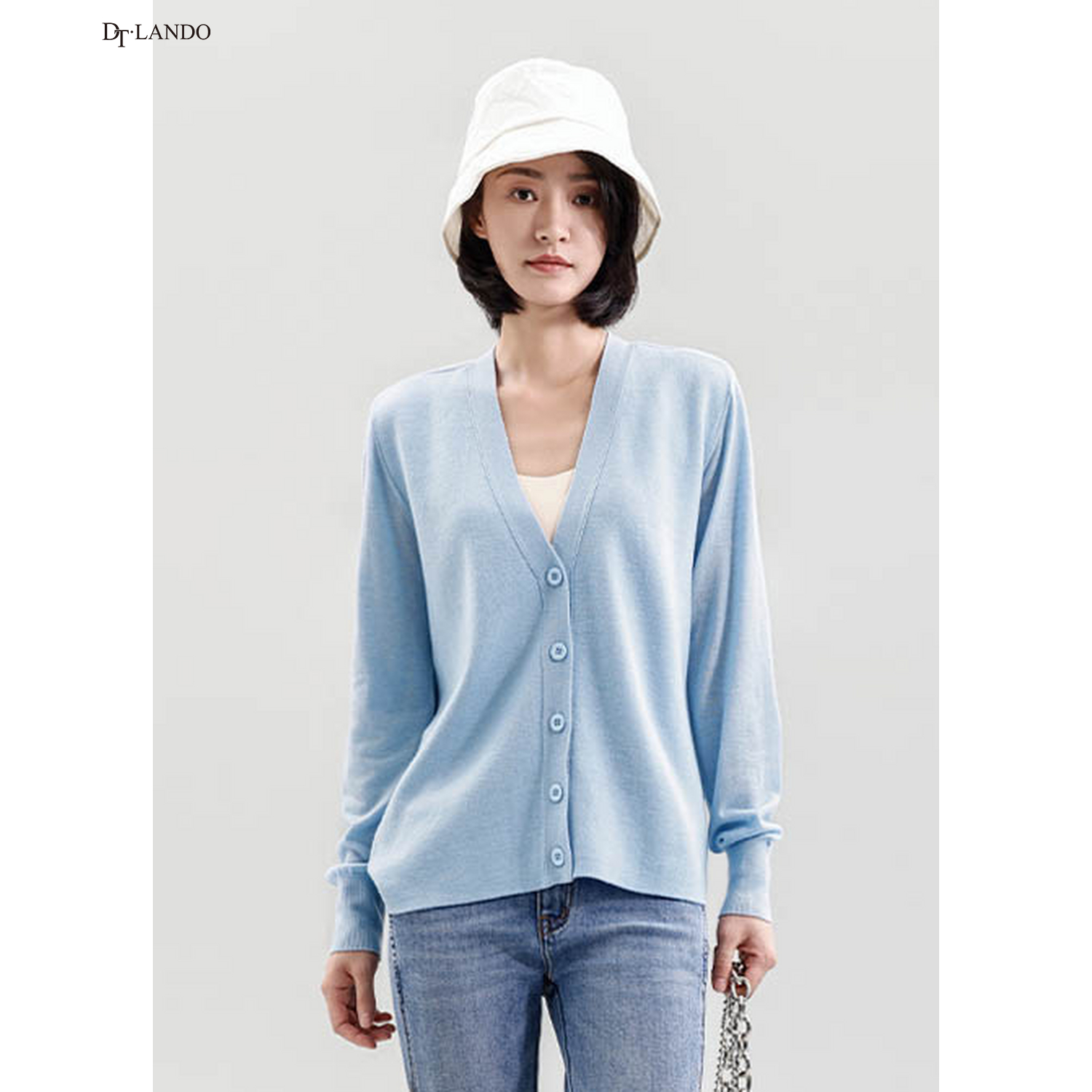 DTLANDO秋季女装淡雅V领针织开衫简约单排扣品质绵羊毛毛衣外套