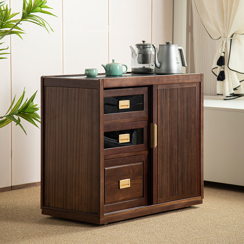 黑胡桃实木茶水柜可移动茶台