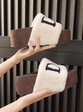 韩外穿毛拖鞋女20字25秋季字母新款62736保毛暖懒人休闲一版棉拖