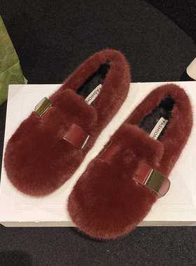 白色勃肯玛丽珍毛毛鞋女穿加绒保暖水外貂秋毛款冬2025新豆豆9752