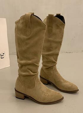 法靴复古咖色堆堆靴女2式025新款西长部牛仔靴秋冬80737高筒靴小