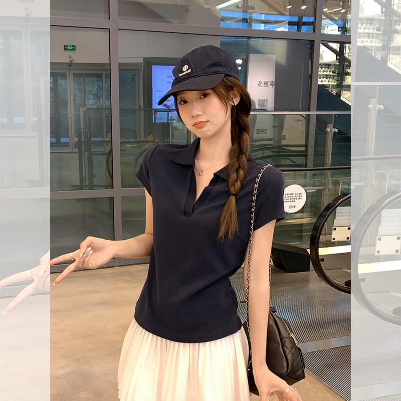 辣妹Polo翻领正肩短袖T恤女2025年夏季新款显瘦百搭纯色短款上衣