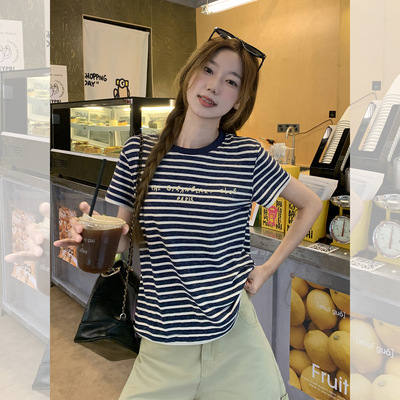 条纹拼接圆领正肩短袖T恤女2025夏季新款小众撞色设计感修身上衣