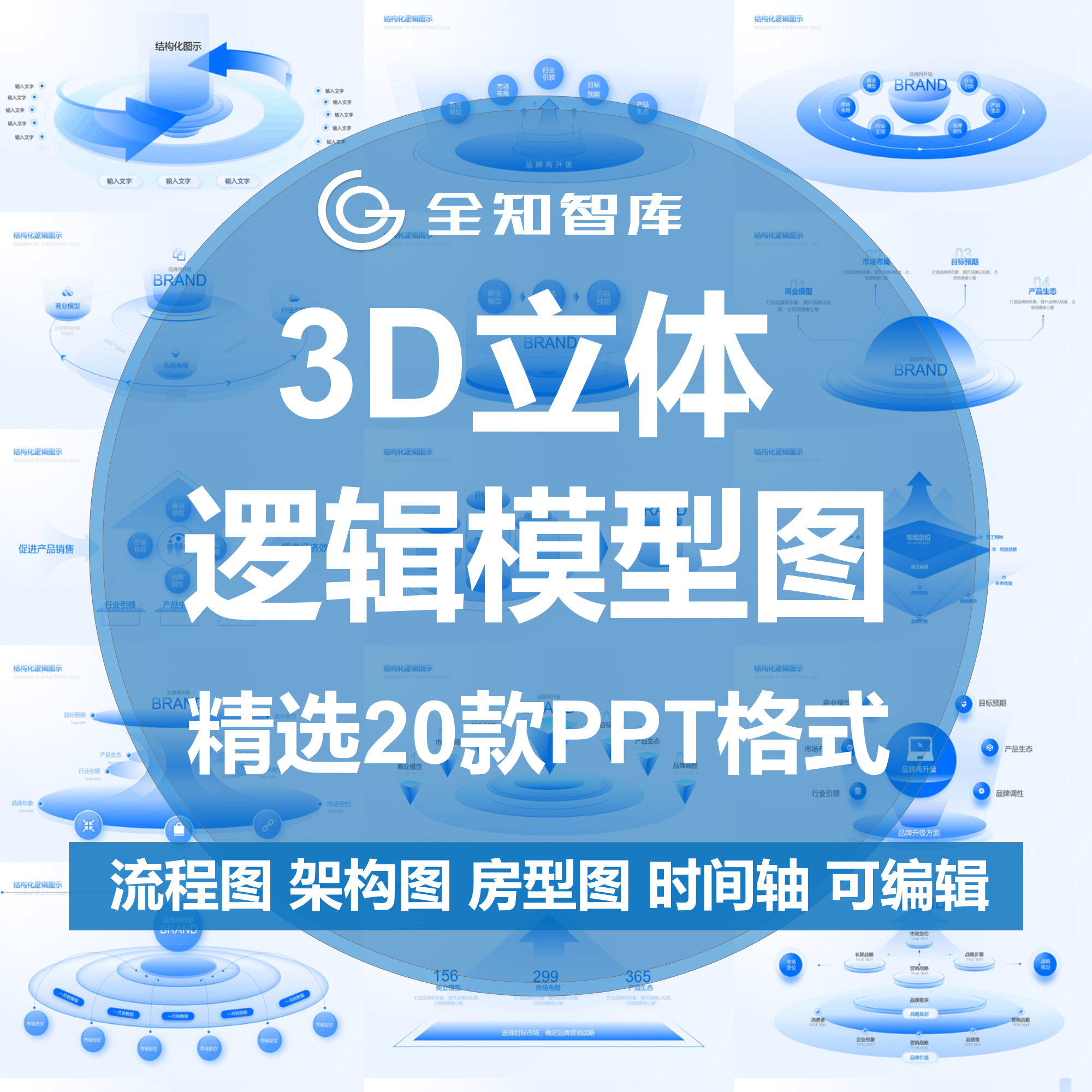 3D高级立体逻辑架构图模型PPT模板架构流程图房型图时间轴甘特图