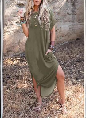 long solid Short-sleeved plus skirt pocket size loose dress