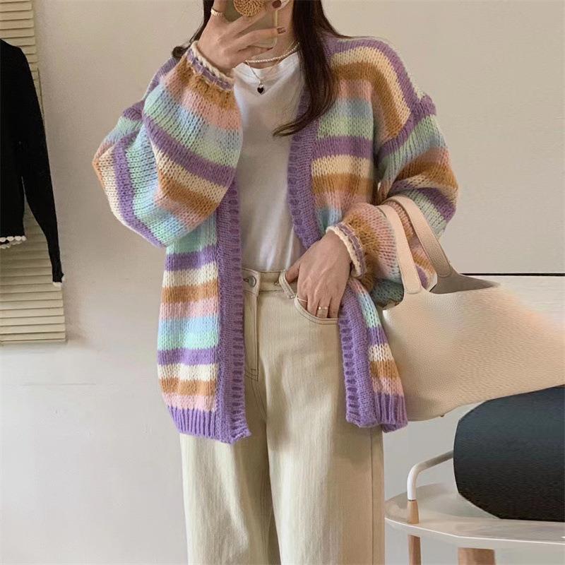 Contrast Rainbow Stripe Loose Sweater Cardigan Womens Color
