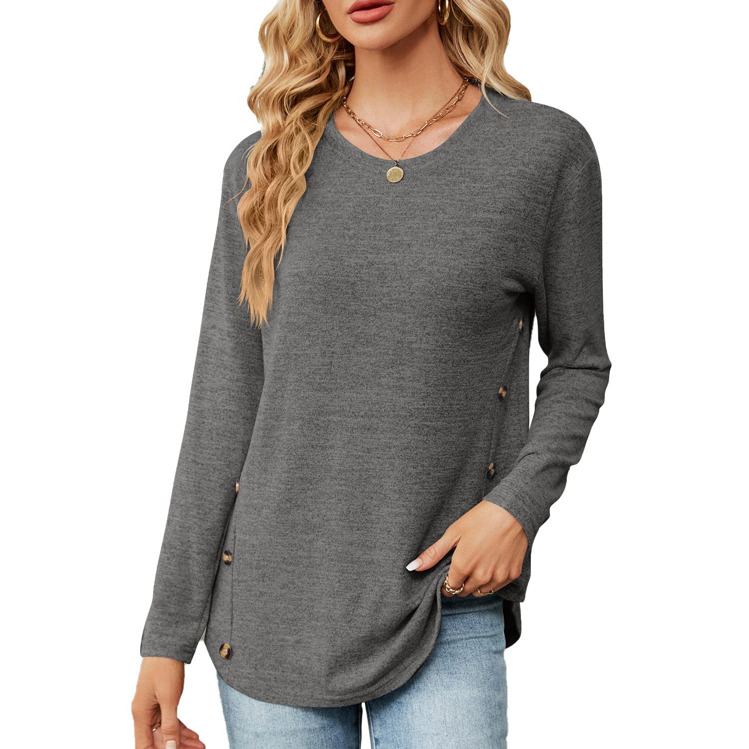 tops tees solid buttons casual woman tshirts pullover loose