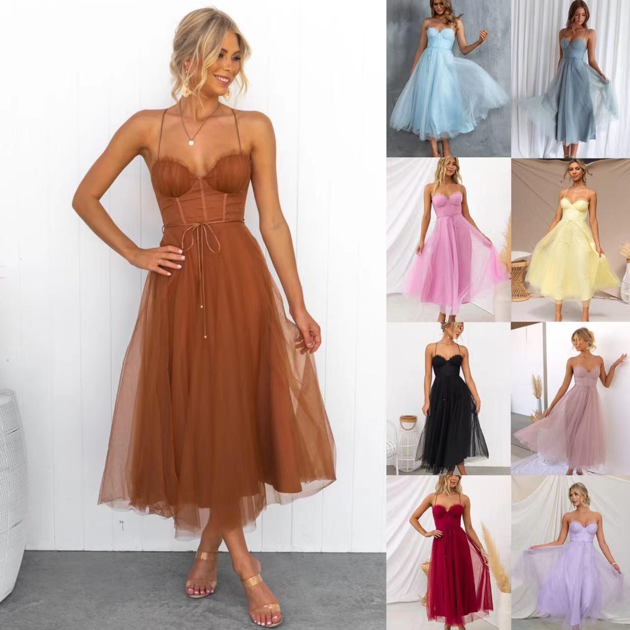 Temperament sexy sling mesh party evening dress