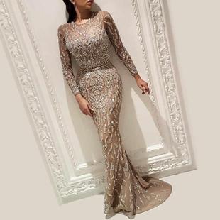 ball gold long sprinkled sleeve dress gown sexy fishtail