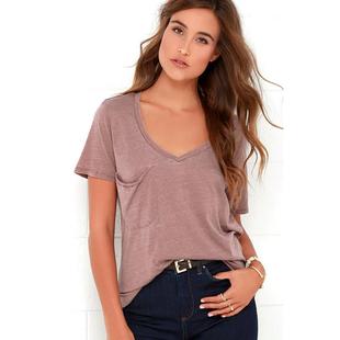 Color Deep Neck Solid Short Sleeve shirt for Women
