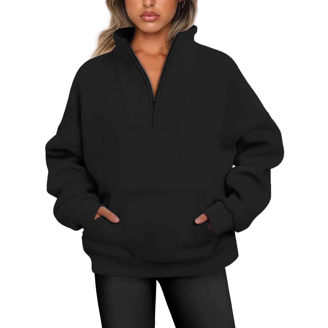 Top Ribbed Fleece Loose Casual Womens Zipper Pocket