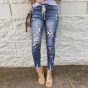 Womens Ripped Waist Print Elastic Denim Leopard Pants