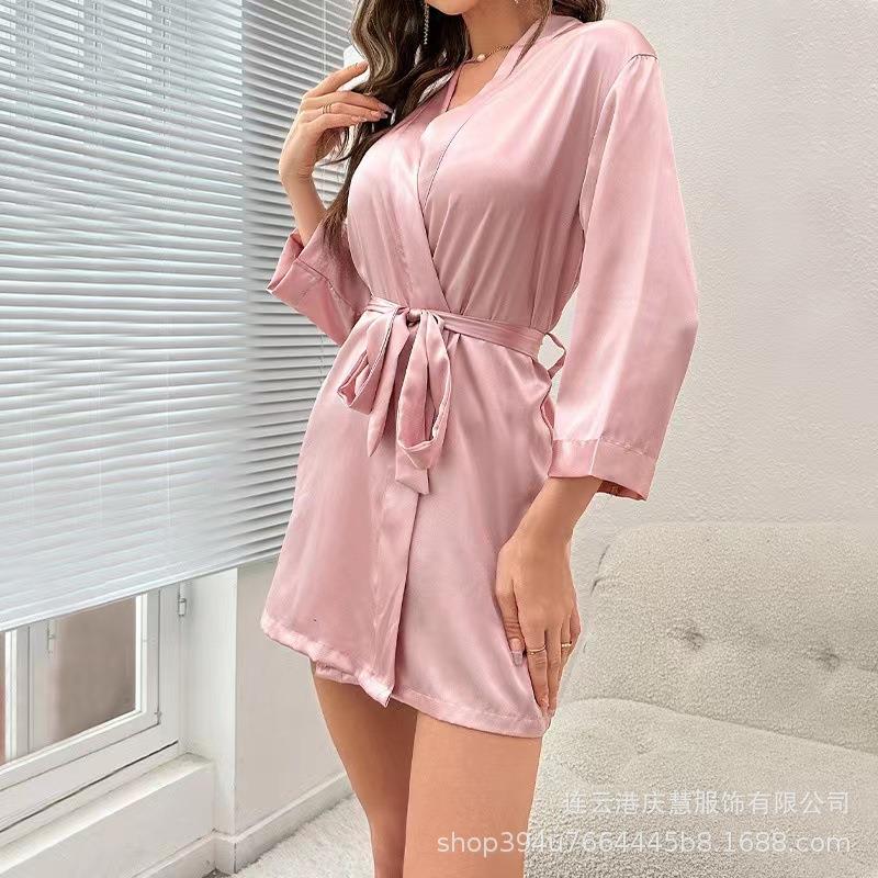 Womens lace-up bathrobe sexy outerwear nightgown ice silk