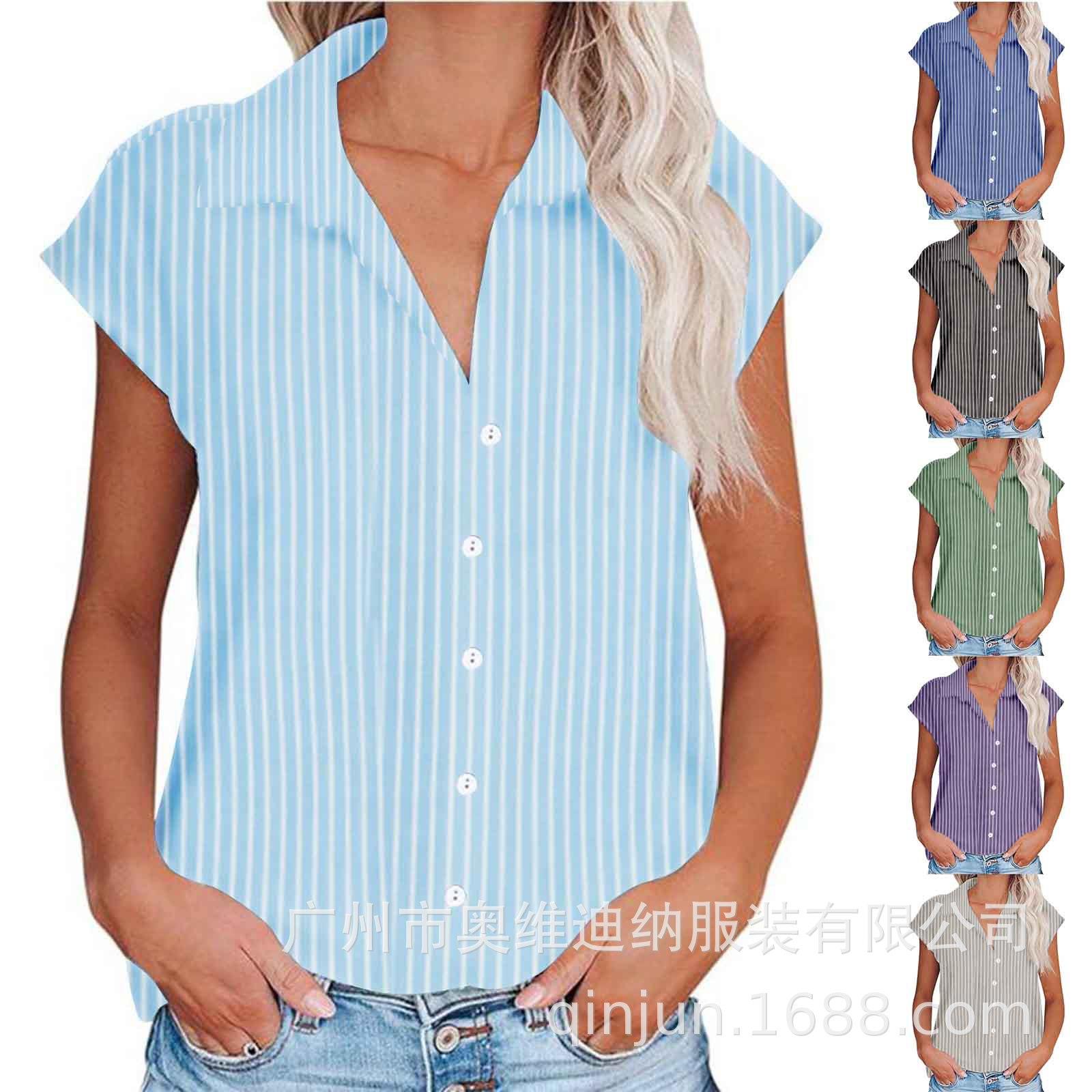Short Sleeve Casual Lapel Striped T-Shirt Women's Tops