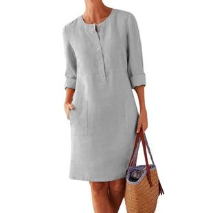 buttons pockets size plus dress linen women cotton