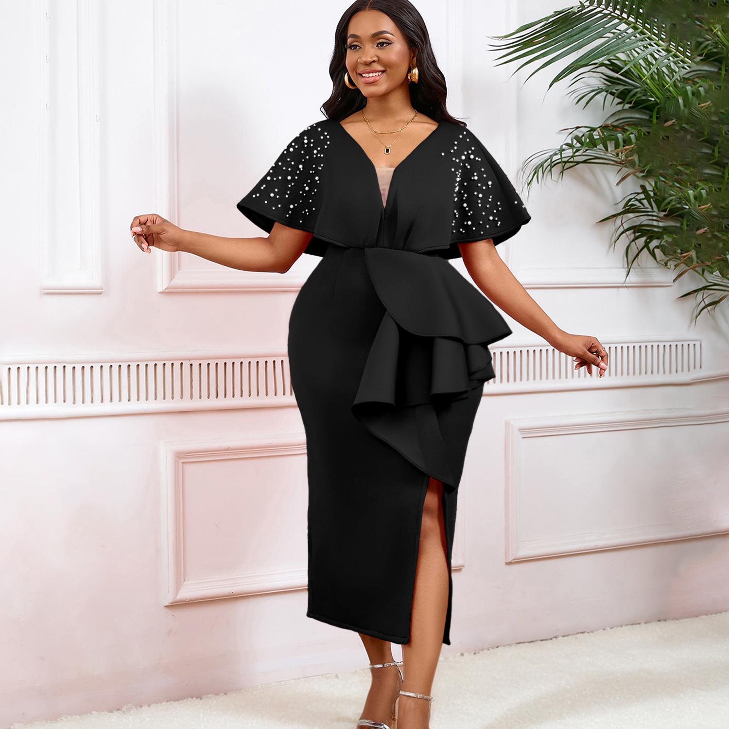 Summer sexy V-neck ruffled slit beaded evening dress
