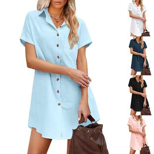 Beach Long Shirt Sleeve Dress Button Up Womens Short Linen
