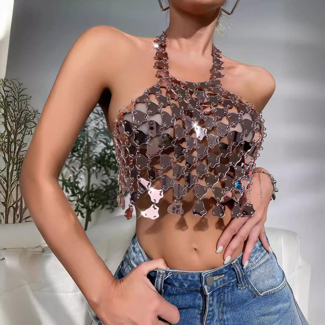 blue sexy metallic chainmail summer sequin disc women for