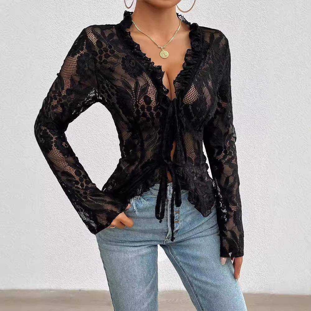 women for tops lace cardigan lace sleeve long fit slim sexy