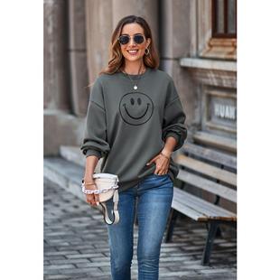 Drop Round Neck Loose Shoulder Face Smiley Sweatshirt