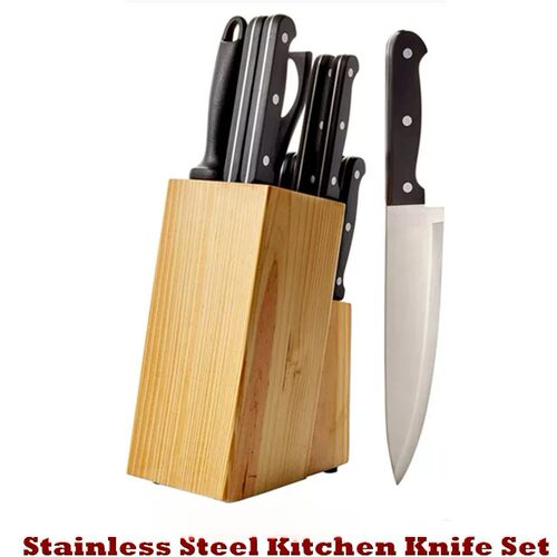 Stainless Steel Kitchen Knife Set Sharpener Pinewood Block