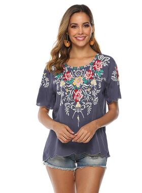 Embroidered shirt women's short-sleeved shirt women's tops