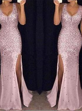 dress gold-sprinkled slit and V-neck straps with dress long