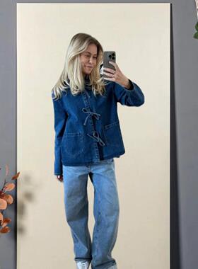 blue tie-front denim shirt relaxed fit long shirt women new