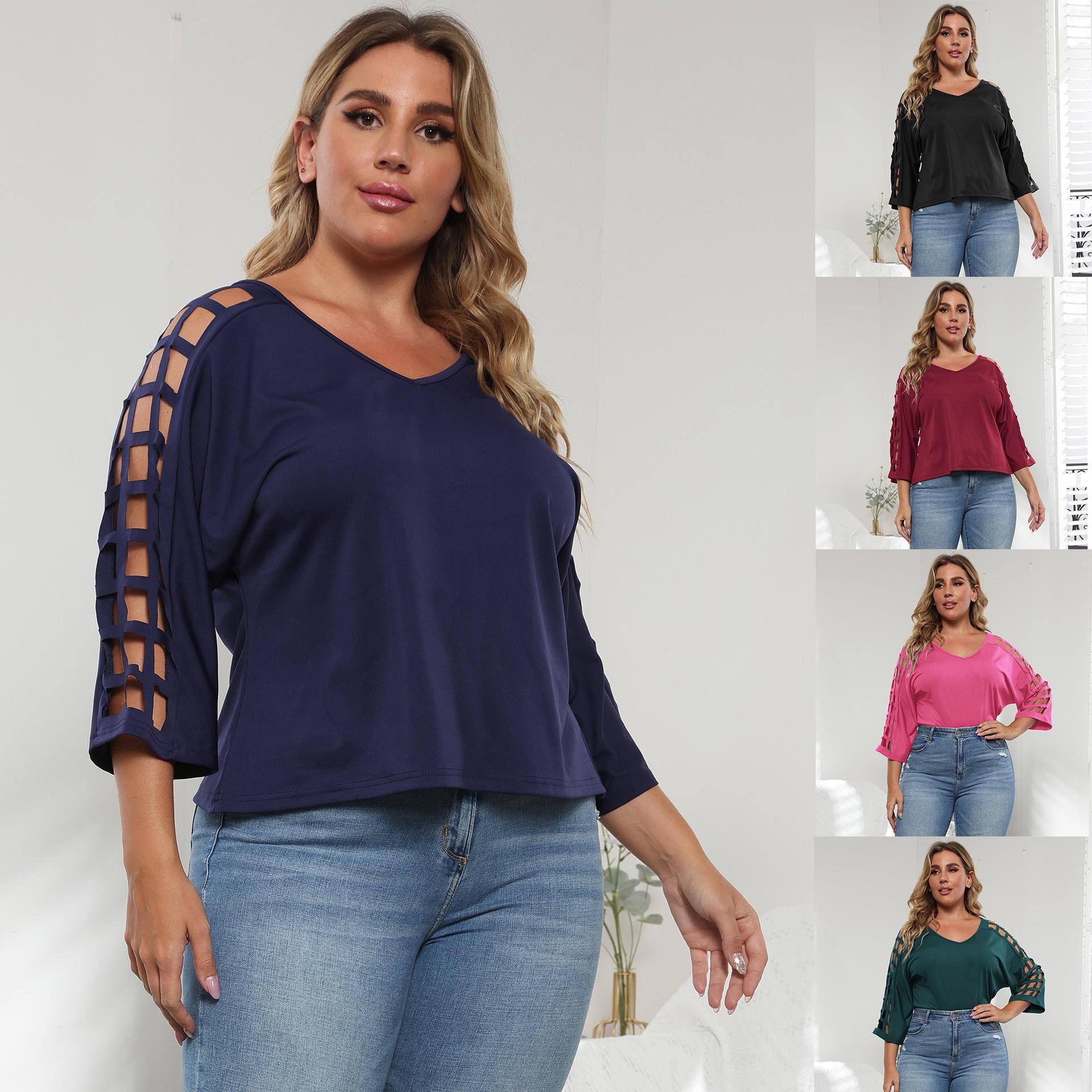 Womens Tops Large Size Hollow Burning Flower V-Neck Bat