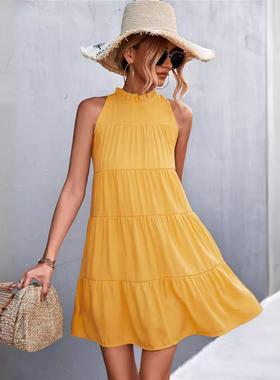 Sexy sleeveless halter neck dress loose A-line skirt