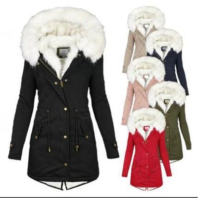 Womens with hood fur coat white collar trench warm and