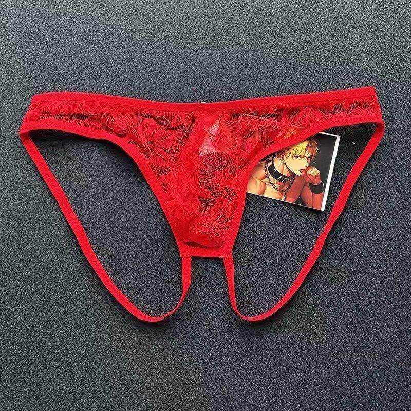 Mens transparent lace briefs convex double thong briefs