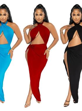 Womens solid color halter neck dress with slits and