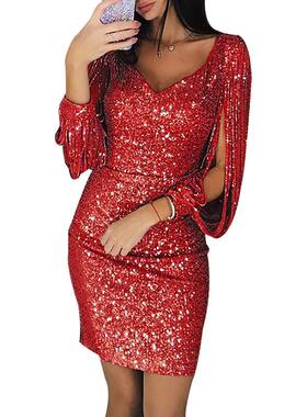 Womens glittery hip tassel slim nightclub dress