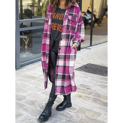 Women's woolen plaid coat with lapel and side slits