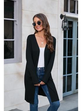 Womens buttonless sleeve casual ribbed cardigan long