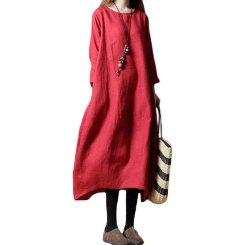 dress long neck round sleeve long long linen cotton casual